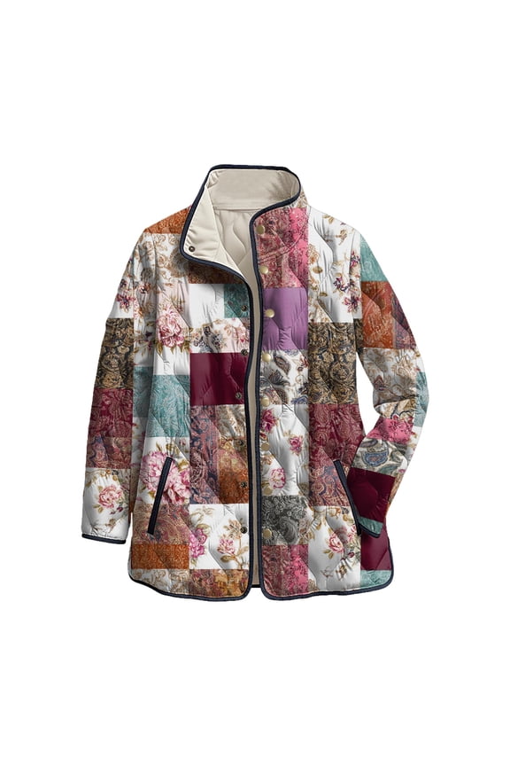 Womens Puffer Jacket Vintage Floral Printed Quilted Y2k Patchwork Coat Fall Fashion Clothes (Light Pink, 3XL)