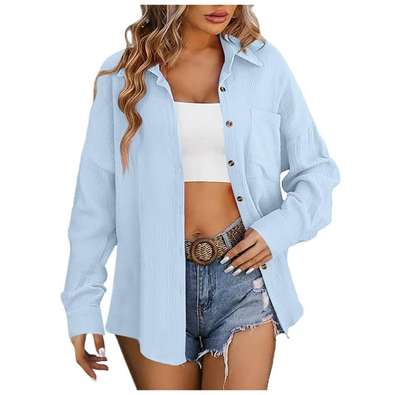 adviicd Womens Shirt Long Sleeve Oversized Button Up V Neck Loose Blouses Tops Blue, L