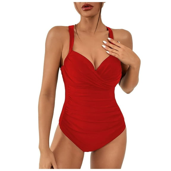 adviicd Womens Swimsuits Bathing Suits for Women One Piece Bathing Suit Retro Ruched Push Up Vintage Padded Swimwear (Red,S)