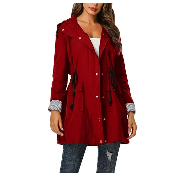 adviicd Womens Trench Coat Women's Casual Anorak Jacket - Lightweight Detachable Hooded Utility (Red,S)