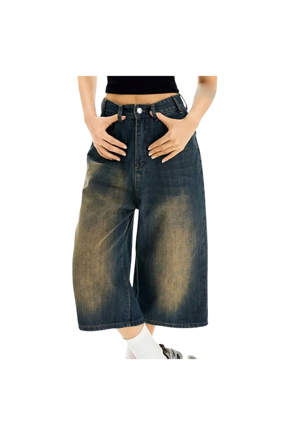 Womens Trendy Knee Length Denim Short Low Waisted Stretchy Bermuda Jean Shorts Baggy Cargo Jorts (Dark Blue, S)