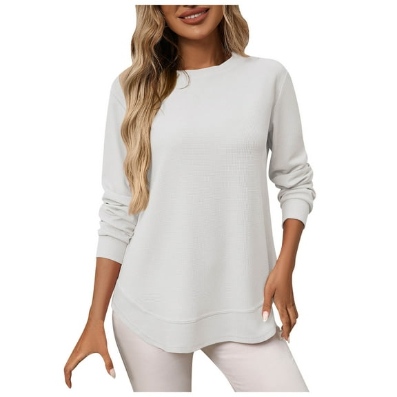 adviicd Womens Waffle Knit Long Sleeve Crew Neck Shirts Casual Trendy Solid Color Loose Blouses Fall Tunic Tops (White, XL)