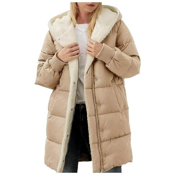 adviicd Womens Winter Long Coats Teddy Fleece Lined Jacket Plus Size Warm Thicken Hooded Windproof Quilted Puffer Jackets (Khaki, XL)