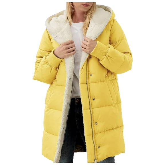 adviicd Womens Winter Long Coats Teddy Fleece Lined Jacket Plus Size Warm Thicken Hooded Windproof Quilted Puffer Jackets (Yellow, XL)