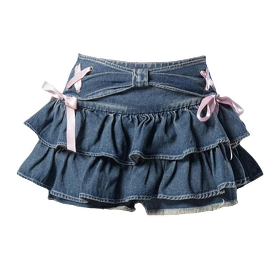 adviicd Y2K Women Ruffle Hem Blue Jean Pleated Mini Skirt - Denim Fashion Skirt (Dark Blue, XL)