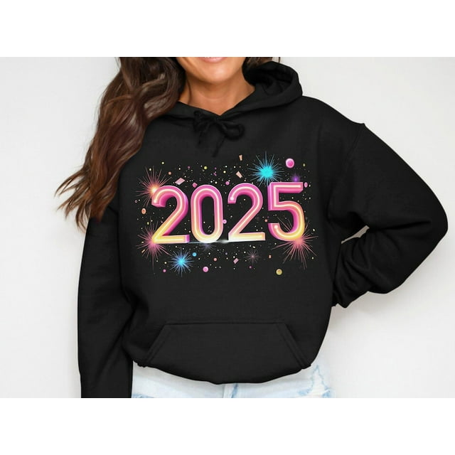 affordable hoodies, New Year 2025 Hoodie, Festive Fireworks Graphic Pullover, Celebration Hooded