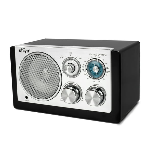 ahiya FM Radio Portable Audio Am Electronics DC/AC 9V UL Certified Adaptor Operated or 4 AA Bateries (Not Included) Aux Input Tabletop Built-in Speaker Easy Tuning Antenna Speaker Box Enclosure Black