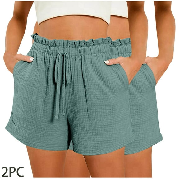 aidice 2PCS Womens Summer Shorts Drawstring Elastic Waisted with Pockets Shorts Casual Lightweight Smocked Shorts