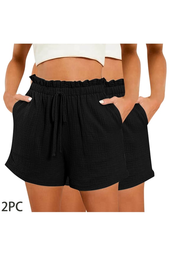 2PCS Womens Summer Shorts Drawstring Elastic Waisted with Pockets Shorts Casual Lightweight Smocked Shorts