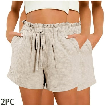 aidice 2PCS Womens Summer Shorts Drawstring Elastic Waisted with Pockets Shorts Casual Lightweight Smocked Shorts
