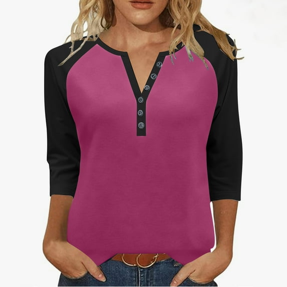 aidice 3/4 Length Sleeve Womens Tops Casual Notched V Neck Button Color Block Comfy Fitting Tee Shirts