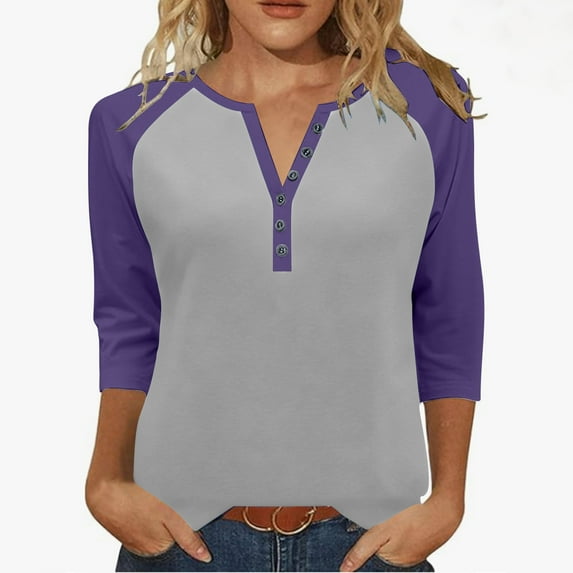 aidice 3/4 Length Sleeve Womens Tops Casual Notched V Neck Button Comfy Fitting Color Block Shirts