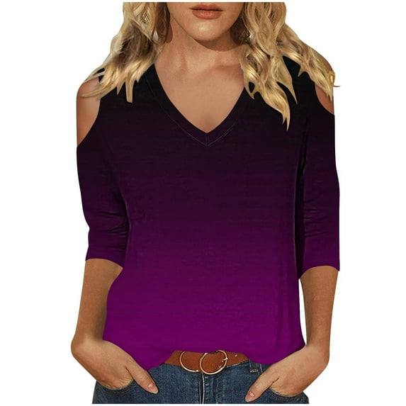 aidice 3/4 Length Sleeve Womens Tops Casual Round Neck Comfy Tee Shirts Fitting Gradient Color Shirts