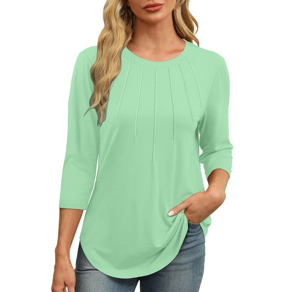 aidice 3/4 Length Sleeve Womens Tops Casual Round Neck Ruched Shirts Fitting Comfy Solid Color Blouses