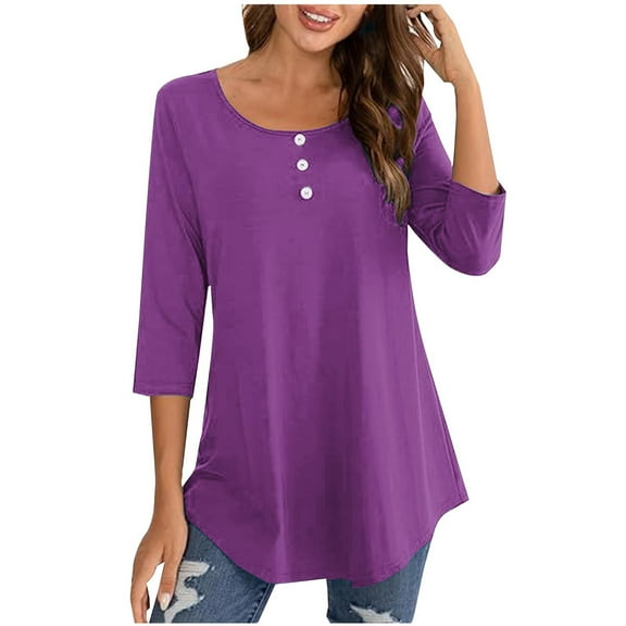 aidice 3/4 Length Sleeve Womens Tops Casual Round Neck Shirts Comfy Fitting Solid Color Tee Shirts