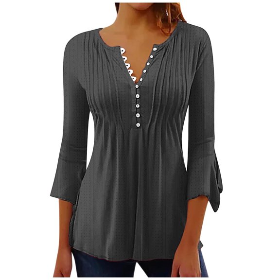 aidice 3/4 Length Sleeve Womens Tops Eyelet Button Round Neck Ruched Tunic Casual Solid Color Tee Shirts