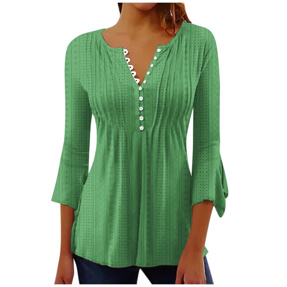 aidice 3/4 Length Sleeve Womens Tops Eyelet Button Round Neck Ruched Tunic Casual Solid Color Tee Shirts