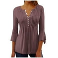 thumbnail image 1 of aidice 3/4 Length Sleeve Womens Tops Eyelet Button Round Neck Ruched Tunic Casual Solid Color Tee Shirts, 1 of 5