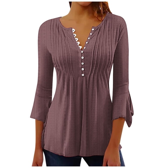 aidice 3/4 Length Sleeve Womens Tops Eyelet Button Round Neck Ruched Tunic Casual Solid Color Tee Shirts