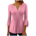 thumbnail image 1 of aidice 3/4 Length Sleeve Womens Tops Eyelet Button Round Neck Ruched Tunic Casual Solid Color Tee Shirts, 1 of 5