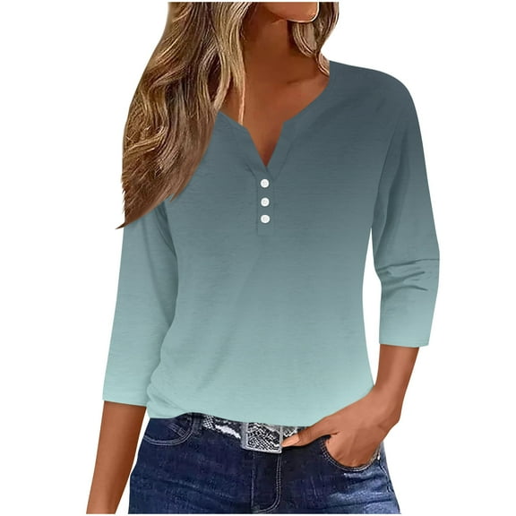 aidice 3/4 Length Sleeve Womens Tops Notched V Neck Button Shirts Fitting Comfy Gradient Color Tee Shirts