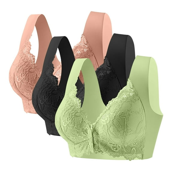aidice 3pc Plus Size Bralettes for Women Wireless Front Buckle Support Smoothing Comfy Lace Daily Bras