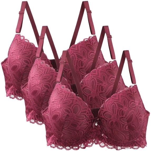 aidice 3pc Plus Size Womens Bras Wirefree Lace Bow Adjustable Strap Comfy Support Breathable Push up Bras