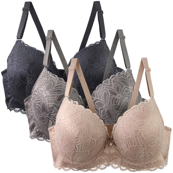 aidice 3pc Plus Size Womens Bras Wirefree Lace Bow Adjustable Strap Comfy Support Breathable Push up Bras