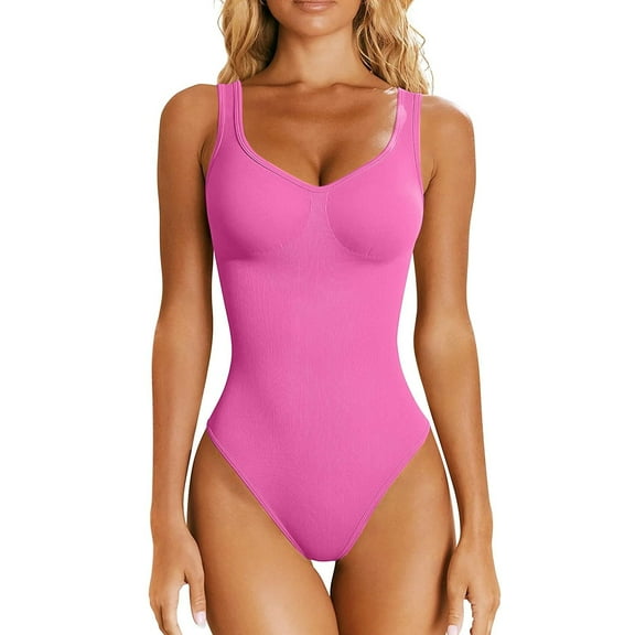 aidice Athletic Bodysuits for Women Summer Ribbed Low Neck Sleeveless Slim Fitting Workout Rompers