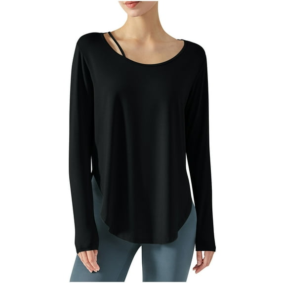 aidice Athletic Shirts for Women Scoop Neck Long Sleeve Yoga Tees Loose Gym Curved Hem Workout Tops
