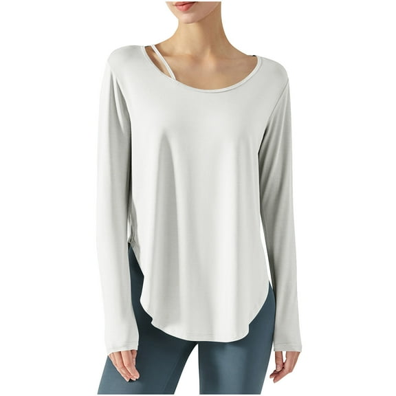 aidice Athletic Shirts for Women Scoop Neck Long Sleeve Yoga Tees Loose Gym Curved Hem Workout Tops