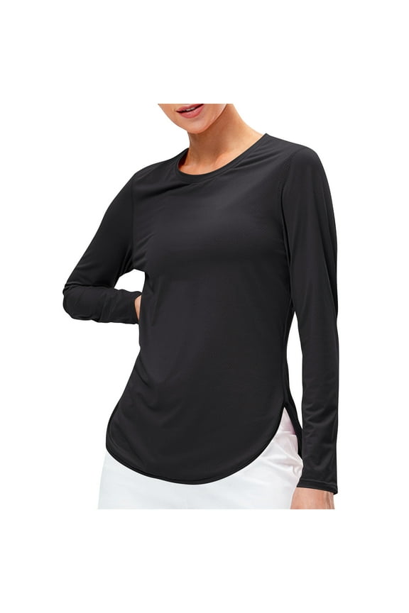 Athletic Tops for Women Yoga Round Neck Long Sleeve Breathable Fitting Side Split Workout Tops