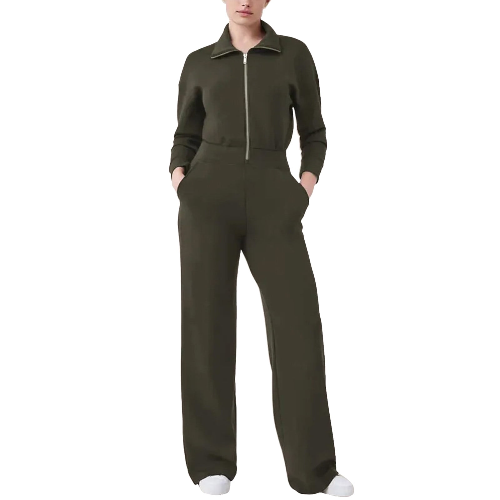 Athletic Womens Rompers Lapel Neck Long Sleeve Zip Fitting Workout Running Jumpsuits with Pockets