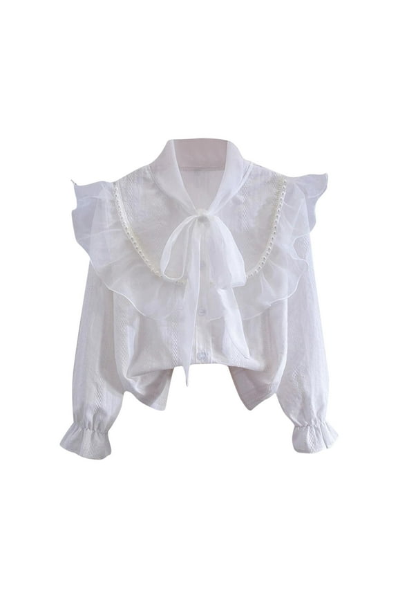 Baby Clothes for Girl Tie Bow Long Sleeve Loose Button up Shirts Ruffle Mesh Pearl Blouses Tops