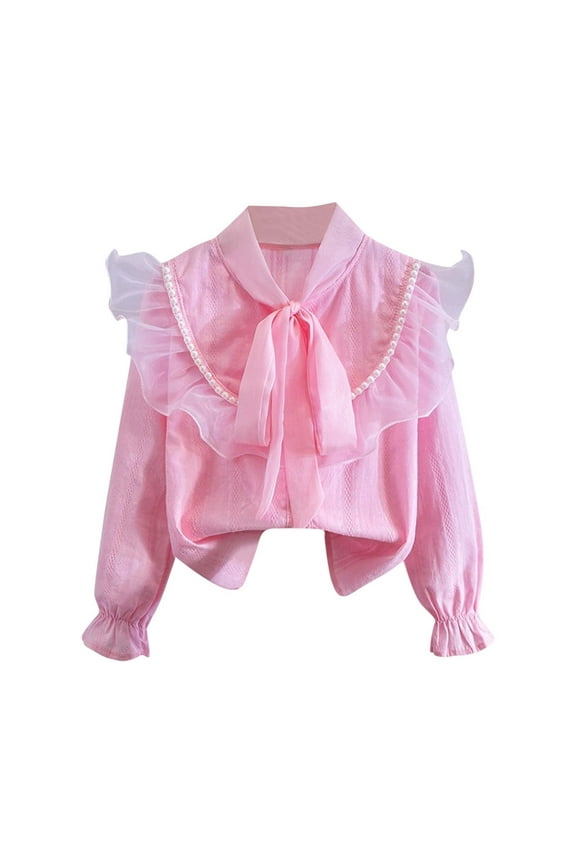 Baby Clothes for Girl Tie Bow Long Sleeve Loose Button up Shirts Ruffle Mesh Pearl Blouses Tops