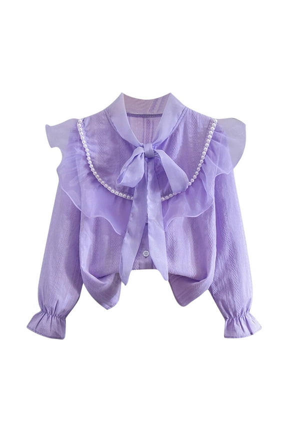 Baby Clothes for Girl Tie Bow Long Sleeve Loose Button up Shirts Ruffle Mesh Pearl Blouses Tops