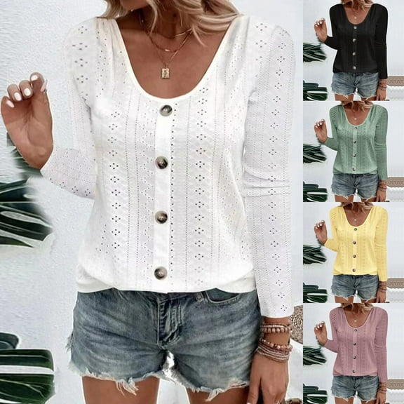 aidice Boho Tops for Women Plus Size V Neck Lace Crochet Eyelet Beach Wear Long Sleeve Shirt Dressy Blouse