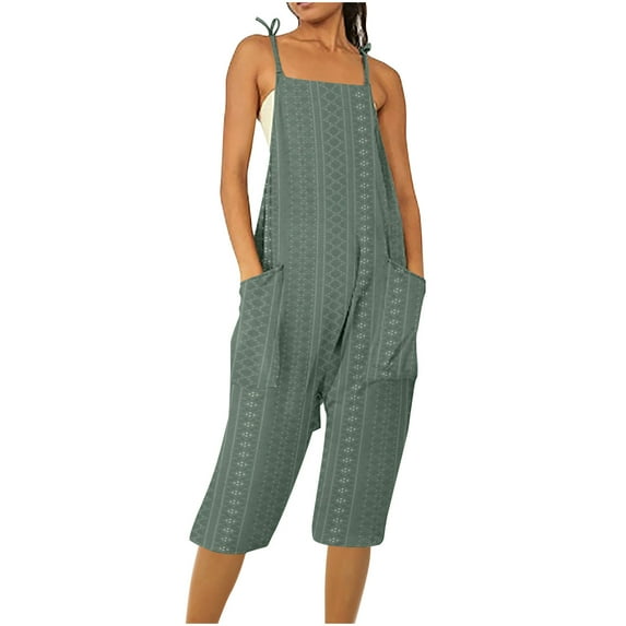 aidice Capri Overalls for Women Summer Casual Eyelet Tie Spaghetti Strap Comfy Cropped Pants Jumpsuits