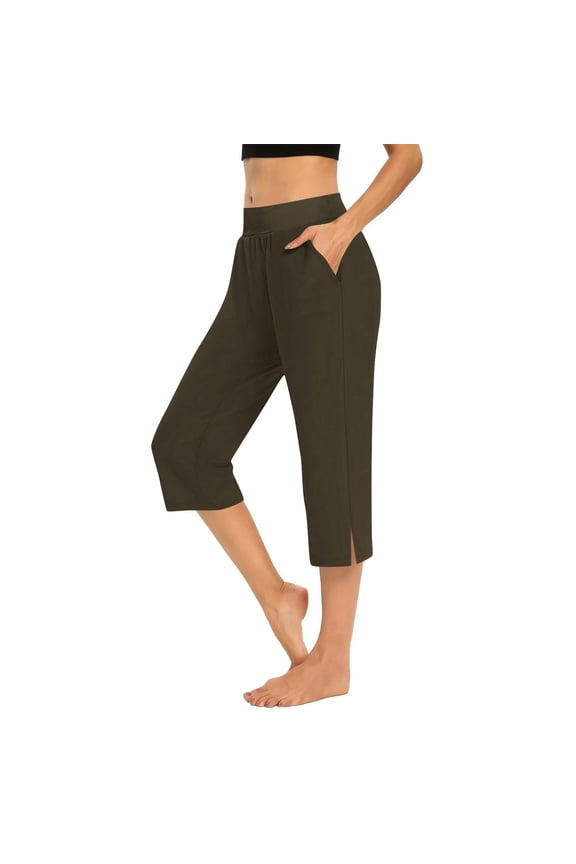 Capri Pants for Women Straight Leg Elastic Waist Stretchy Pants with Pockets Sports Running Capris