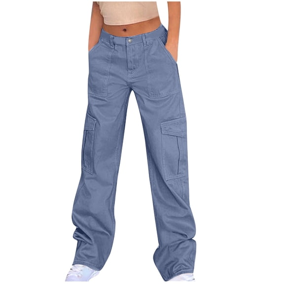 aidice Cargo Pants Women Denim Loose Button Zip Outdoor Climbing Straight Leg Jean Pants with Pockets