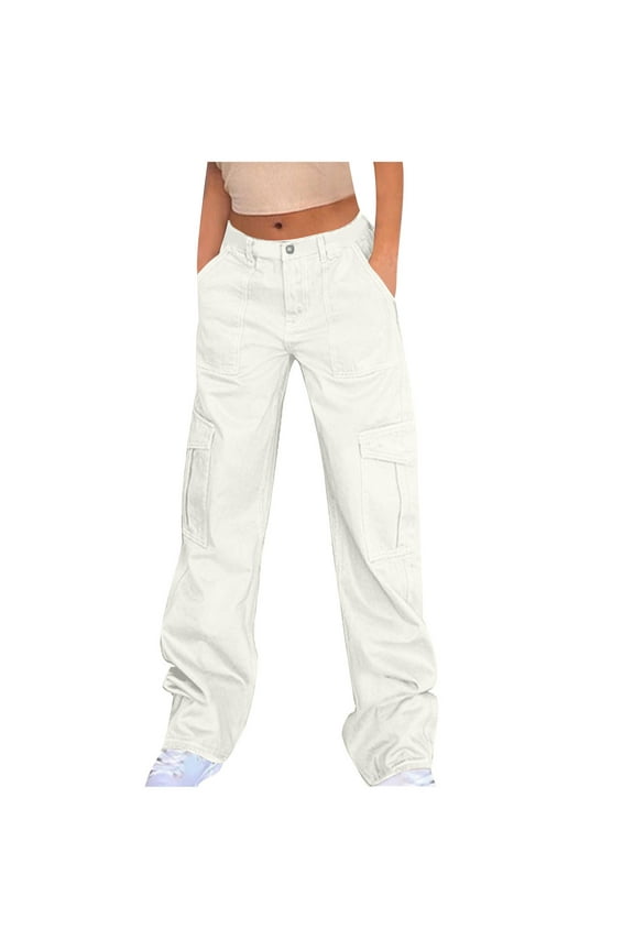Cargo Pants Women Denim Loose Button Zip Outdoor Climbing Straight Leg Jean Pants with Pockets