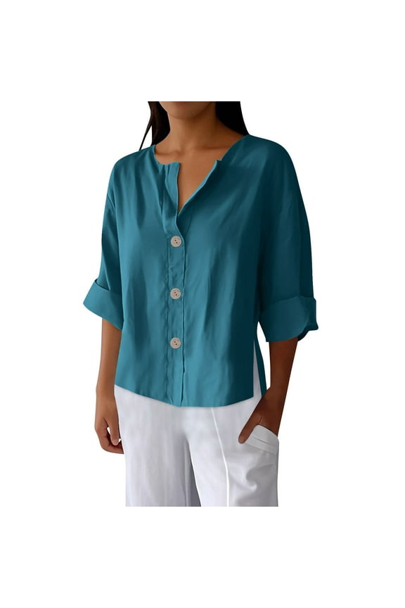 Cotton Line Tops for Women Notched V Neck 3/4 Sleeve Button up Loose Side Splits Blouses Shirts