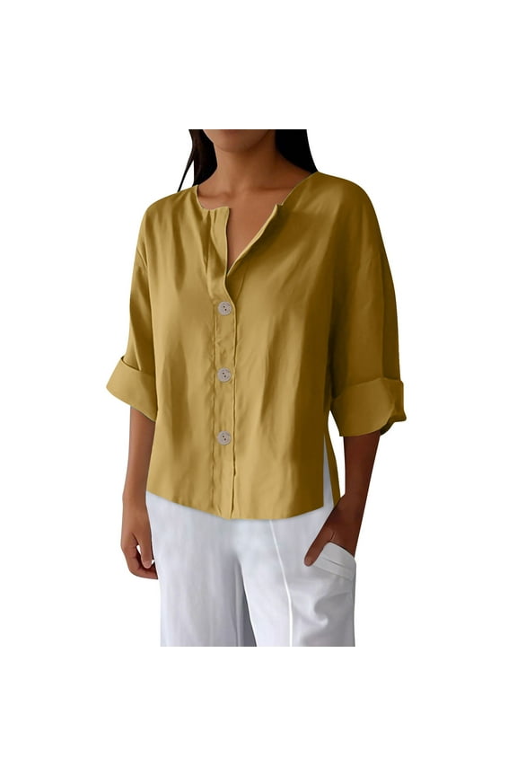 Cotton Line Tops for Women Notched V Neck 3/4 Sleeve Button up Loose Side Splits Blouses Shirts