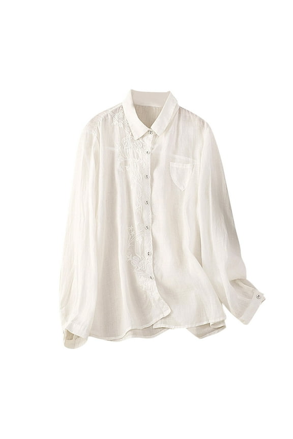 Cotton Line Womens Tops Lapel Neck Long Sleeve Button up Shirts Embroidery Loose Blouses Tops