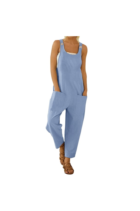 Cotton Linen Overalls for Women Summer Casual Adjustable Strap Lightweight Straight Leg Jumpsuits