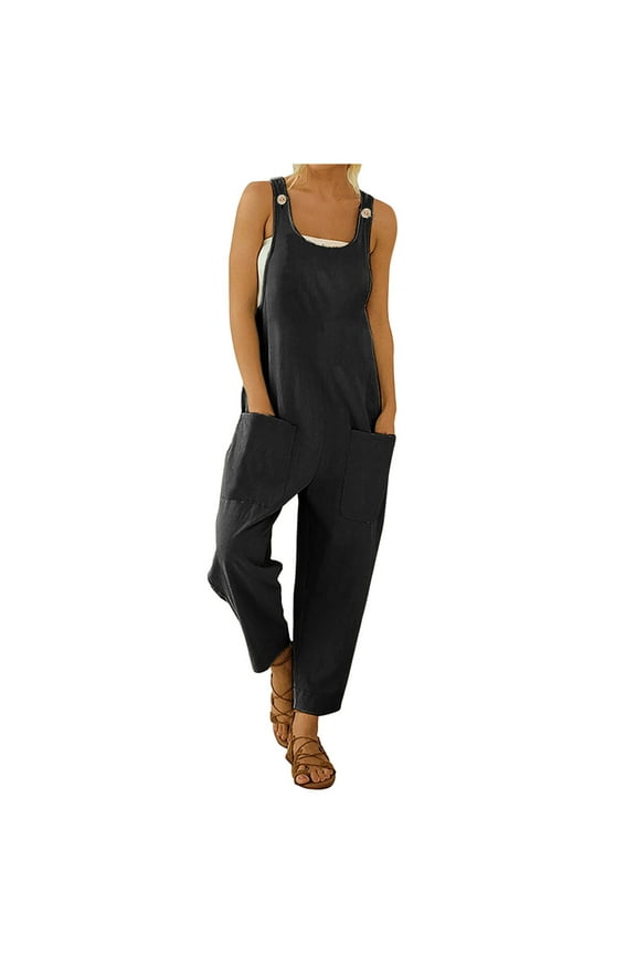 Cotton Linen Overalls for Women Summer Casual Adjustable Strap Lightweight Straight Leg Jumpsuits