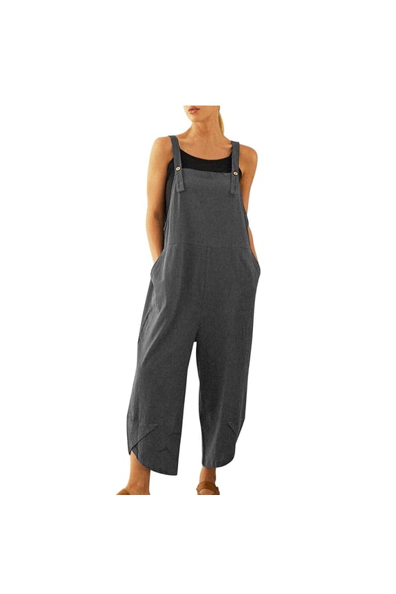 Cotton Linen Overalls for Women Summer Lightweight Casual Petal Hem Adjustable Strap Jumpsuits
