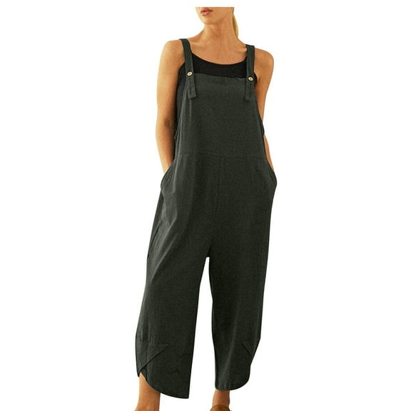 aidice Cotton Linen Overalls for Women Summer Lightweight Casual Petal Hem Adjustable Strap Jumpsuits