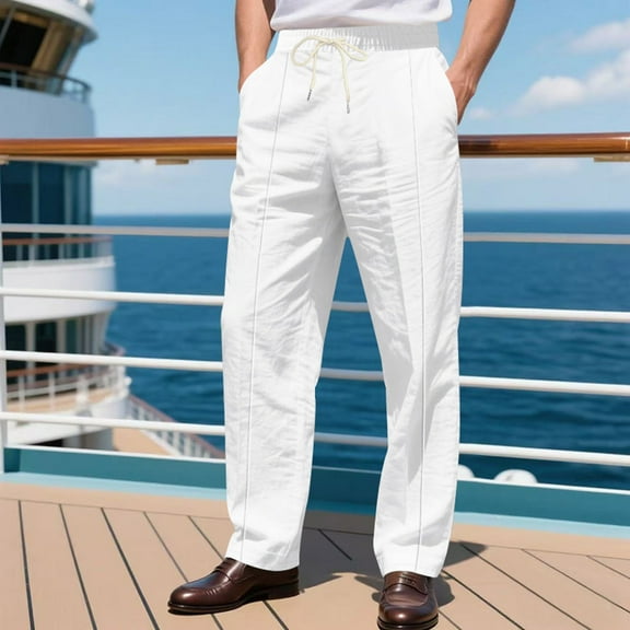 aidice Cotton Linen Pants for Men Elastic Waist Drawstring Straight Leg Trousers with Pockets Casual Loose Lightweight Pants