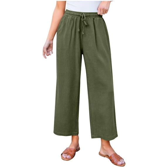 aidice Cotton Linen Pants for Women Elastic High Waist Wide Leg Ruffle Pants Summer Fashion Casual Capris
